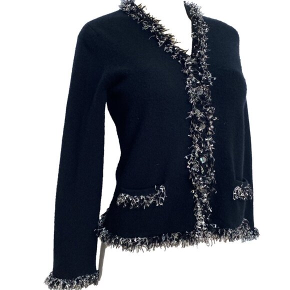 Neiman Marcus Cashmere Knit Sweater Cardigan Black White Fringe Pockets Button M - Picture 3 of 6